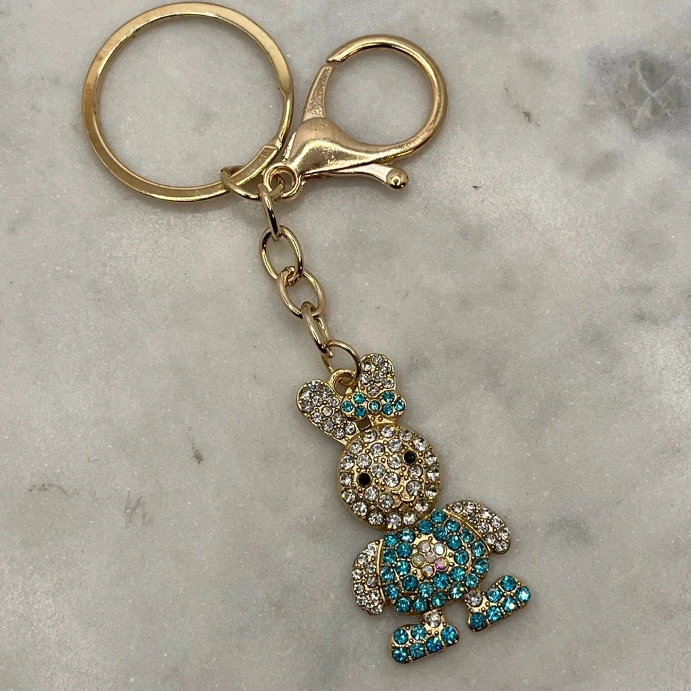 Rhinestone Bunny‎ Rabbit Keychain Bag Charm Gold Blue Easter Gift Accessory New
